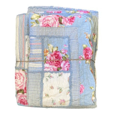Blue Floral Checkered Queen Size Quilt And Pillow Shams