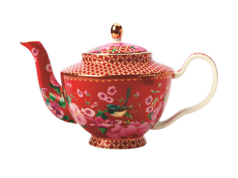 Red Lattice And Floral Teapot - Small
