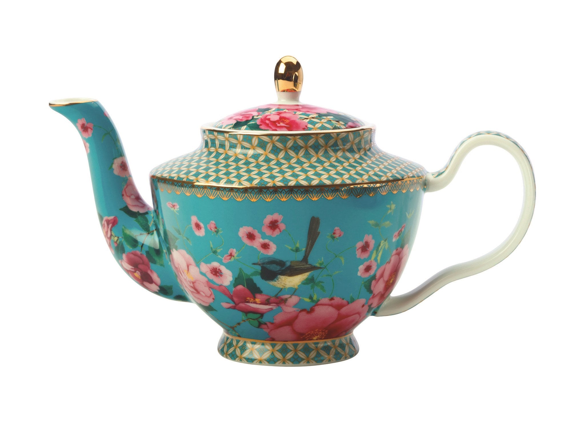 Aqua Lattice And Floral Teapot