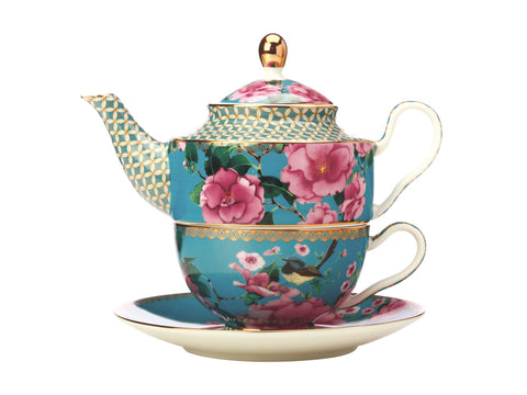 Aqua Lattice And Floral Tea For One