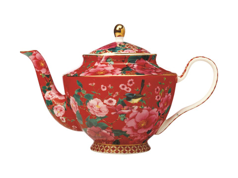 Red Lattice And Floral Teapot - Large