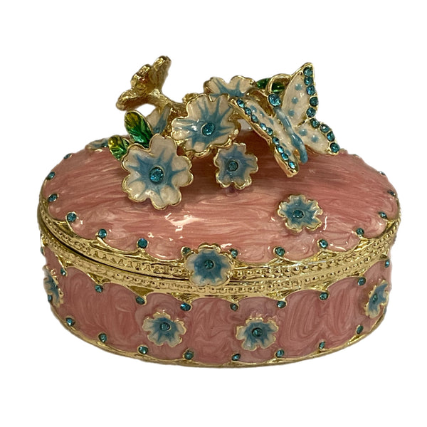 Pink Oval Flower Trinket Box