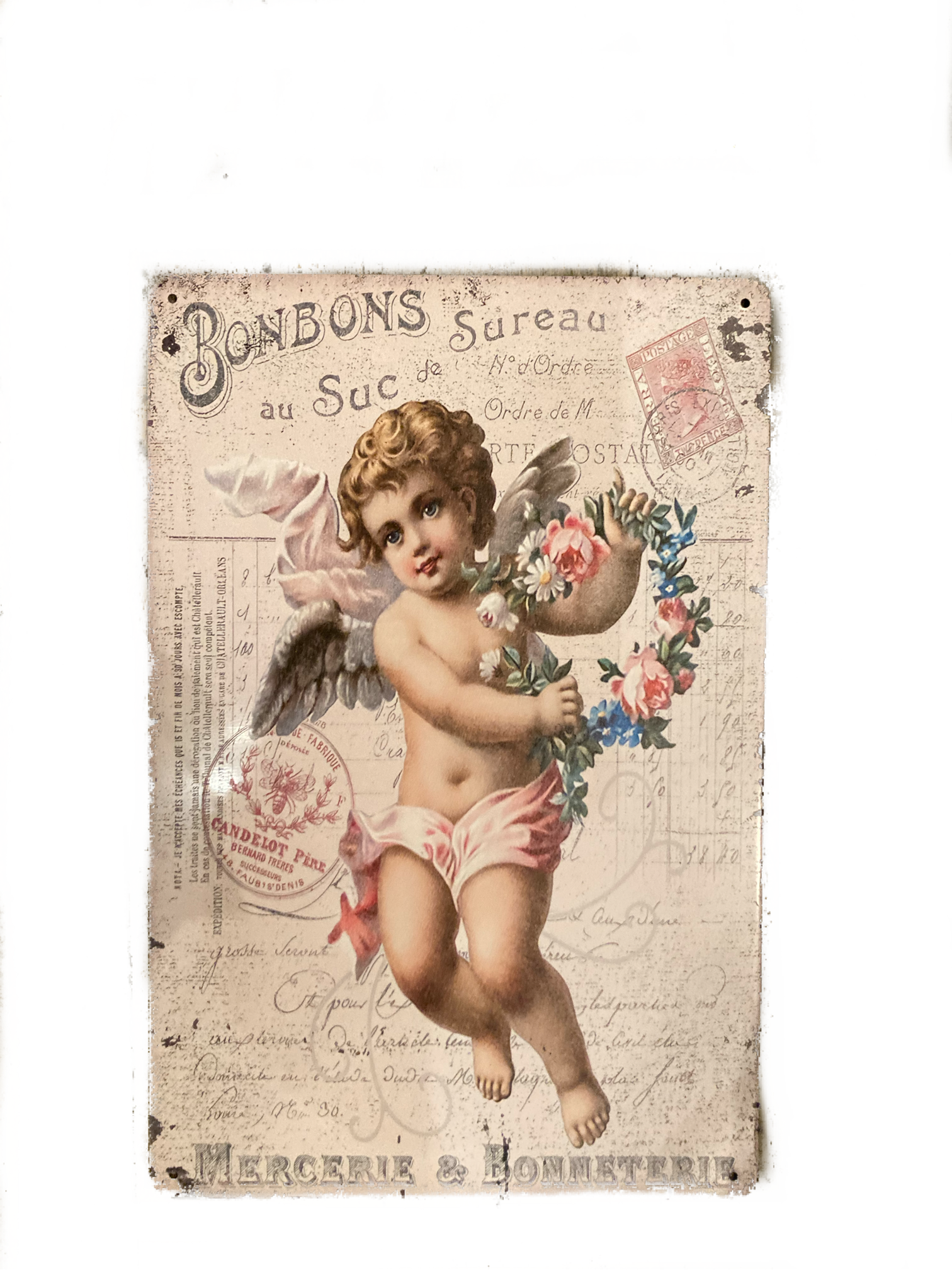 Cupid With Flower Wreath Sign