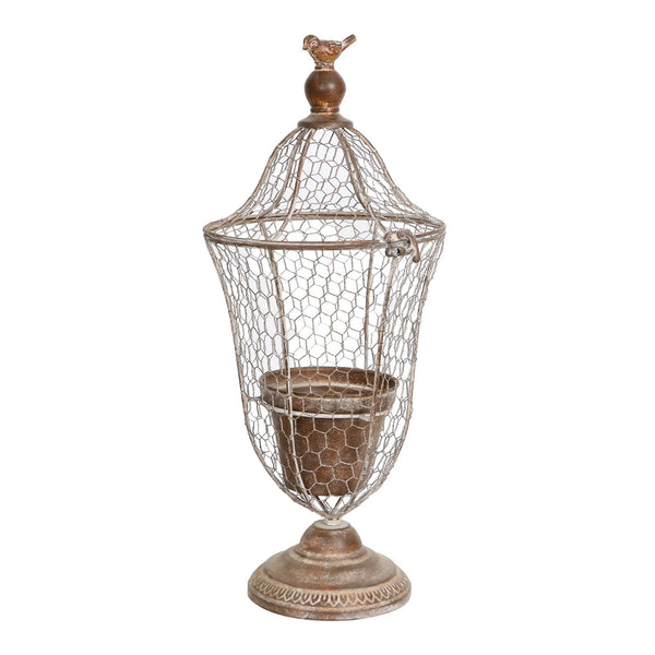 Wire Urn Planter With Bird