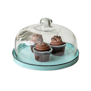 Glass Cloche With Blue Base Cake Plate