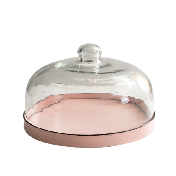 Glass Cloche With Pink Base Cake Plate